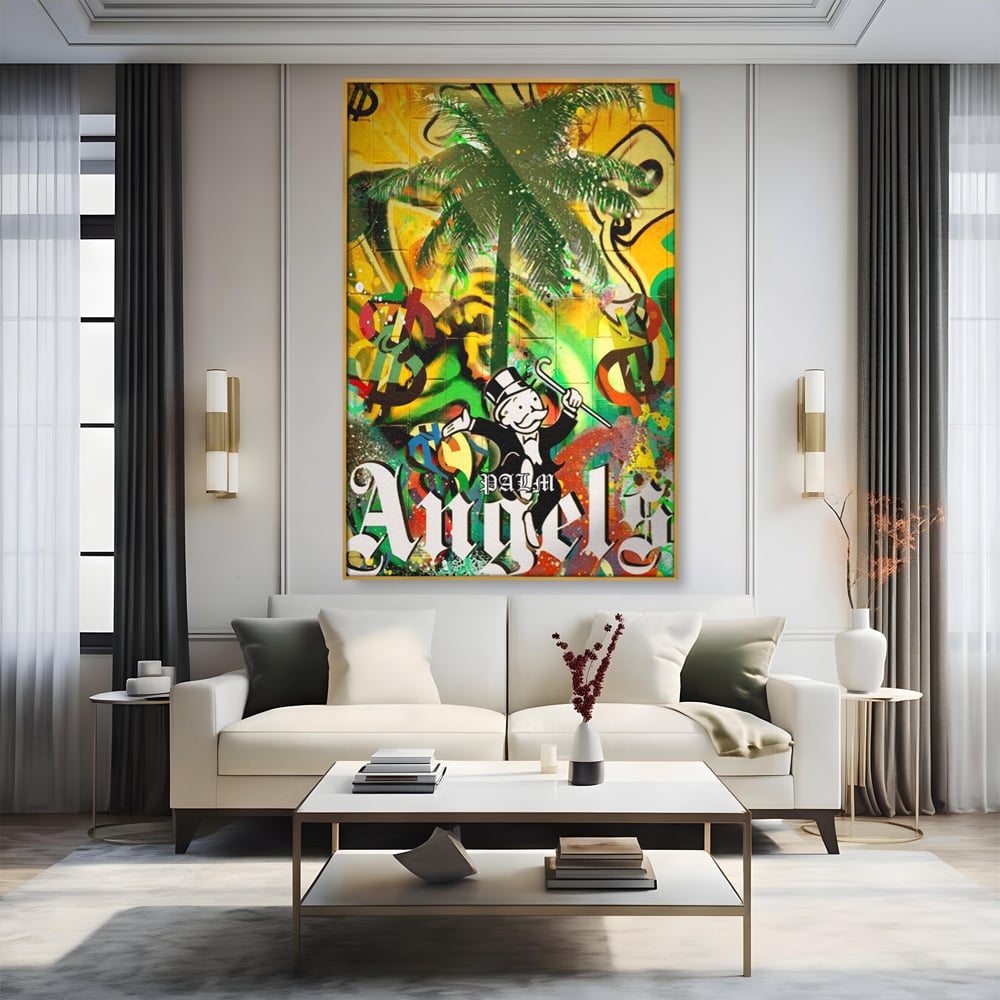 Tablou Canvas Premium LuxCanva® A1176, Monopoly Dollars , Palm Angels, Palmier, Dormitor, Dolar, Culori Vibrante