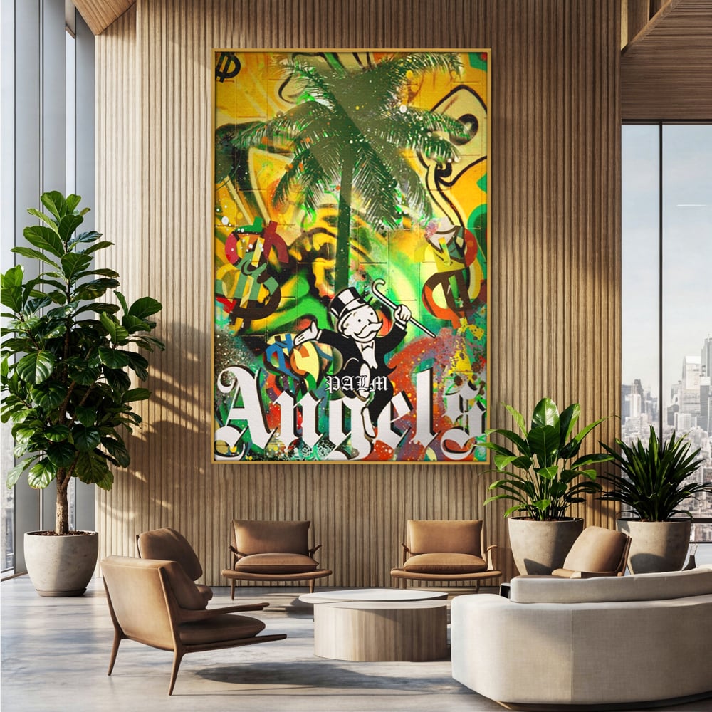 Tablou Canvas Premium LuxCanva® A1176, Monopoly Dollars , Palm Angels, Palmier, Dormitor, Dolar, Culori Vibrante