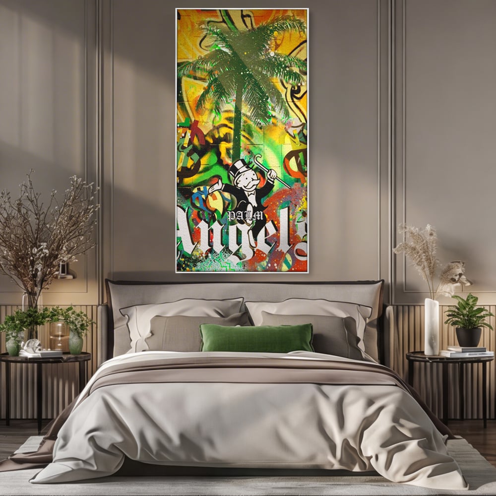 Tablou Canvas Premium LuxCanva® A1176, Monopoly Dollars , Palm Angels, Palmier, Dormitor, Dolar, Culori Vibrante