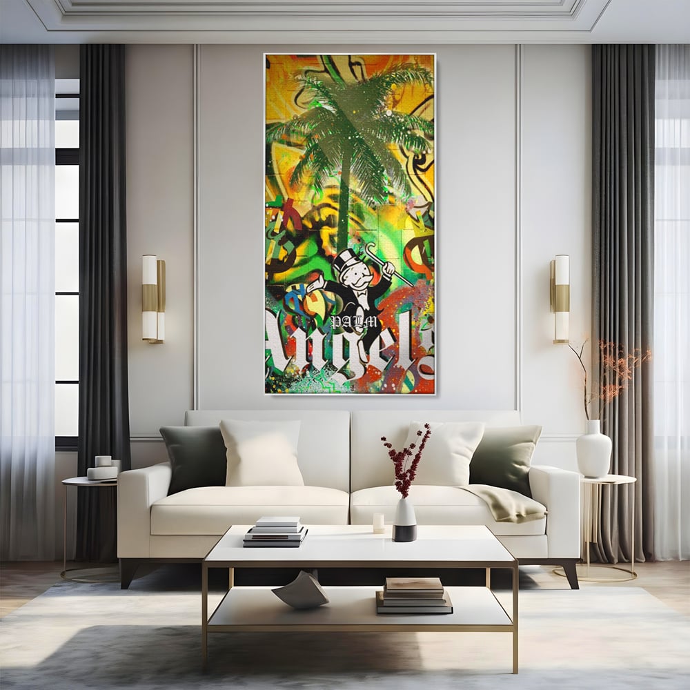 Tablou Canvas Premium LuxCanva® A1176, Monopoly Dollars , Palm Angels, Palmier, Dormitor, Dolar, Culori Vibrante