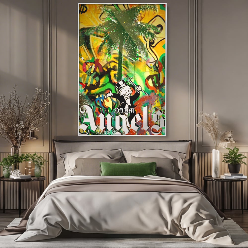 Tablou Canvas Premium LuxCanva® A1176, Monopoly Dollars , Palm Angels, Palmier, Dormitor, Dolar, Culori Vibrante
