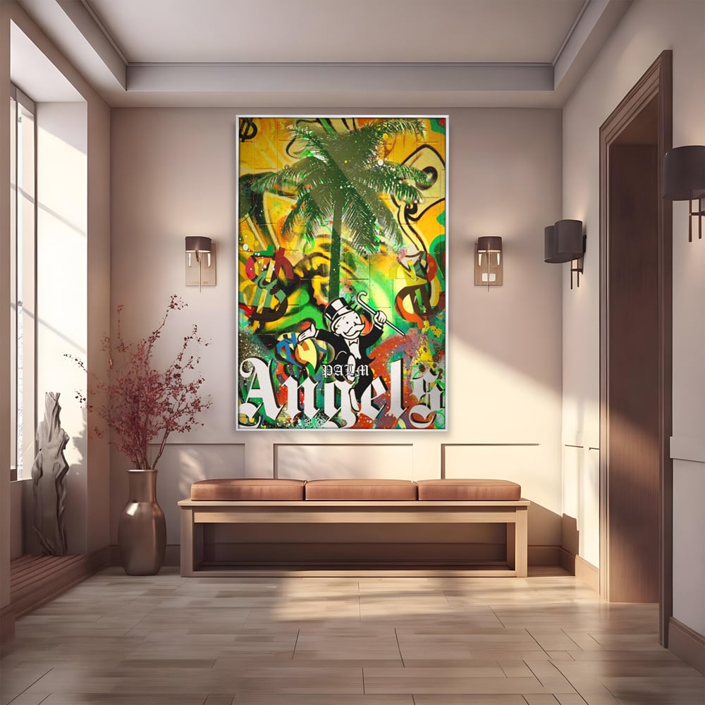 Tablou Canvas Premium LuxCanva® A1176, Monopoly Dollars , Palm Angels, Palmier, Dormitor, Dolar, Culori Vibrante