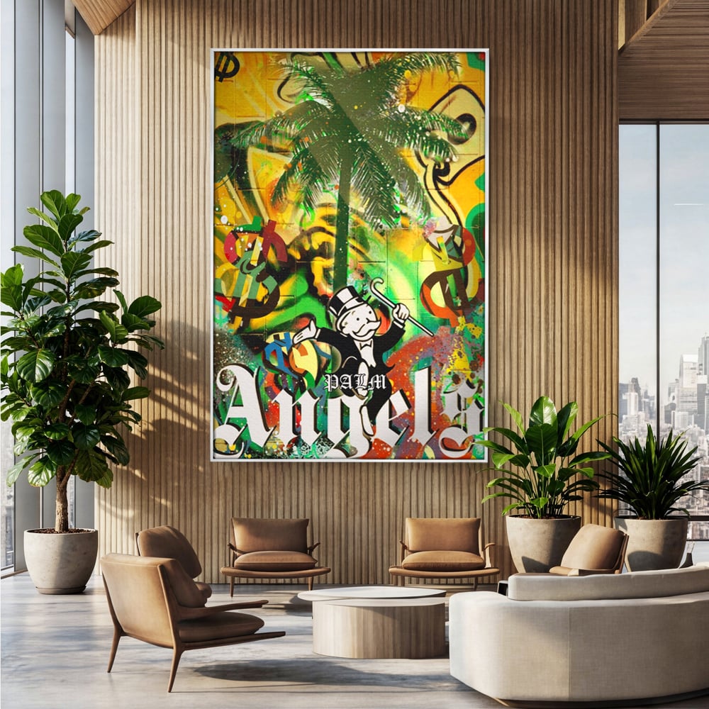 Tablou Canvas Premium LuxCanva® A1176, Monopoly Dollars , Palm Angels, Palmier, Dormitor, Dolar, Culori Vibrante