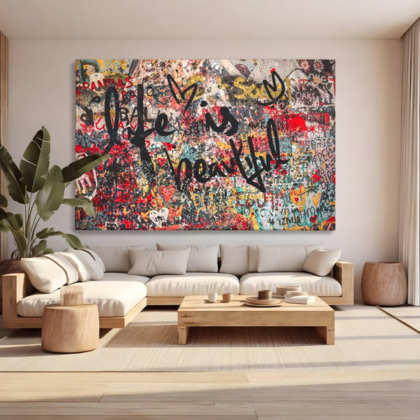 Tablou Canvas Premium LuxCanva® A1186, Life Is Beautiful , Inimi, Decorativ, Dormitor, Abstract, Culori Vibrante