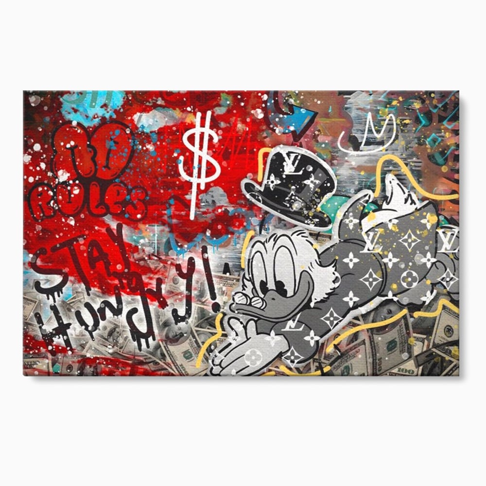 Tablou Canvas Premium, LuxCanva® A1195, Stay Scrooge McDuck, Birou, Motivational, Cash, Desene Animate, Living, Culori Vibrante