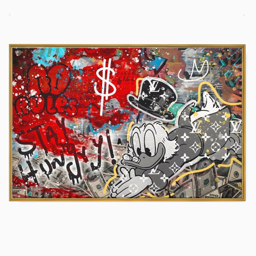 Tablou Canvas Premium, LuxCanva® A1195, Stay Scrooge McDuck, Birou, Motivational, Cash, Desene Animate, Living, Culori Vibrante