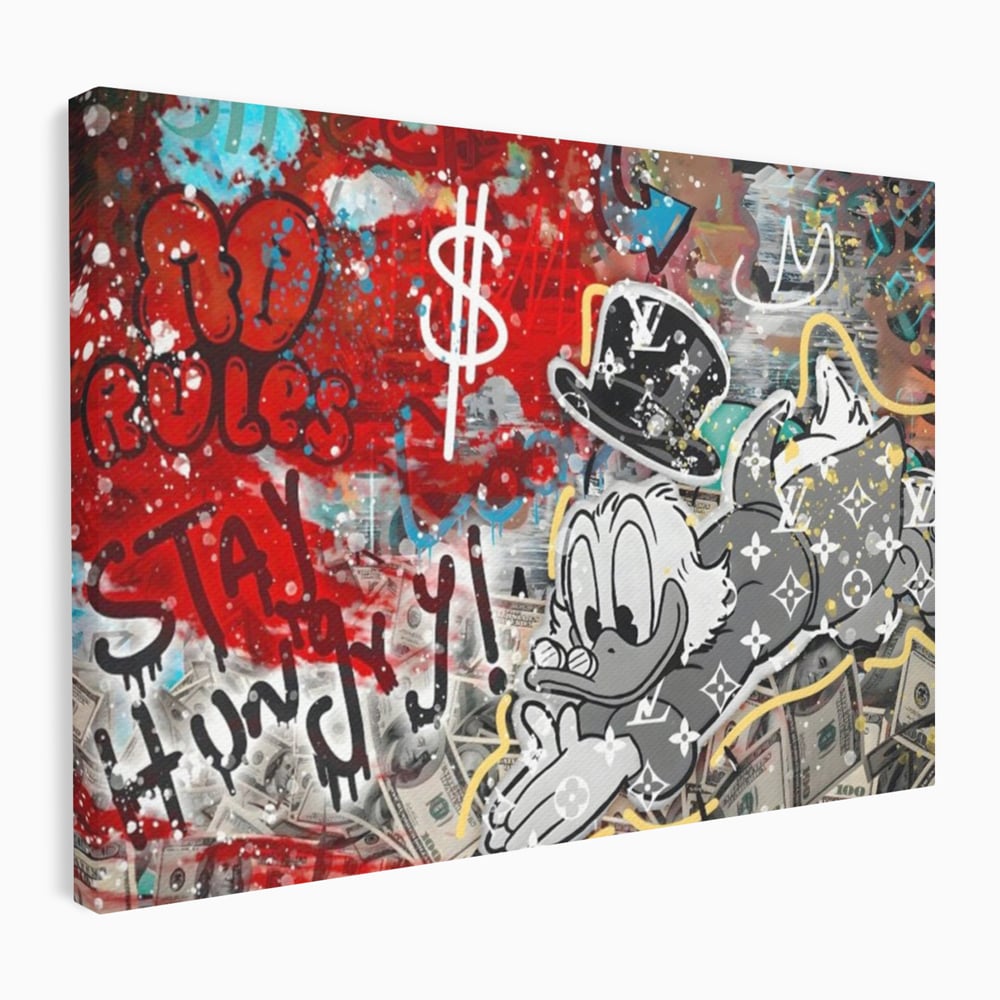 Tablou Canvas Premium, LuxCanva® A1195, Stay Scrooge McDuck, Birou, Motivational, Cash, Desene Animate, Living, Culori Vibrante
