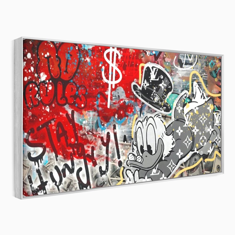 Tablou Canvas Premium, LuxCanva® A1195, Stay Scrooge McDuck, Birou, Motivational, Cash, Desene Animate, Living, Culori Vibrante