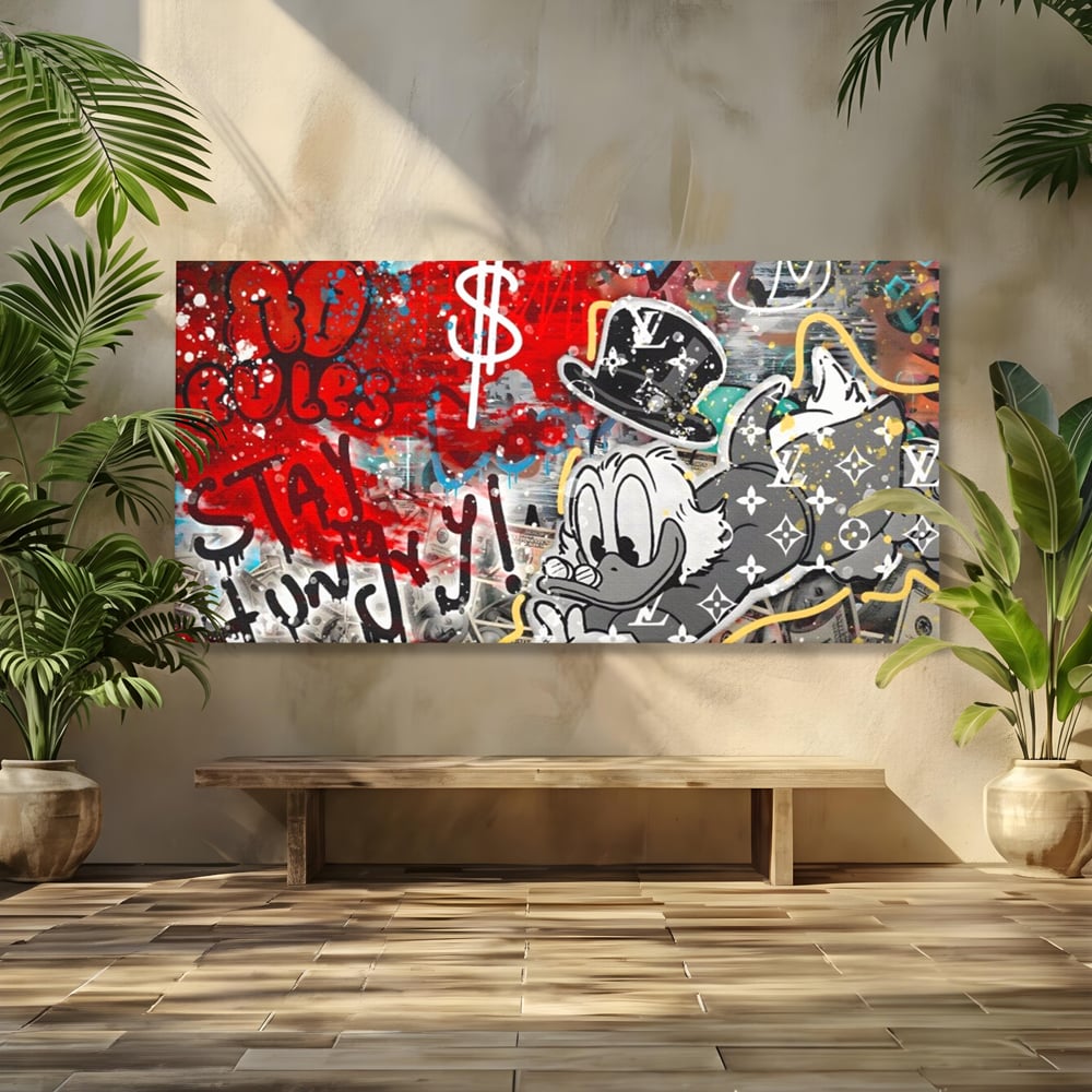 Tablou Canvas Premium, LuxCanva® A1195, Stay Scrooge McDuck, Birou, Motivational, Cash, Desene Animate, Living, Culori Vibrante