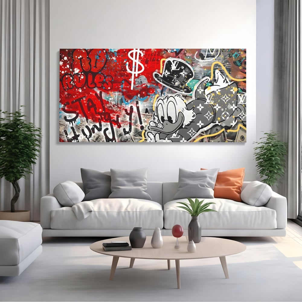 Tablou Canvas Premium, LuxCanva® A1195, Stay Scrooge McDuck, Birou, Motivational, Cash, Desene Animate, Living, Culori Vibrante