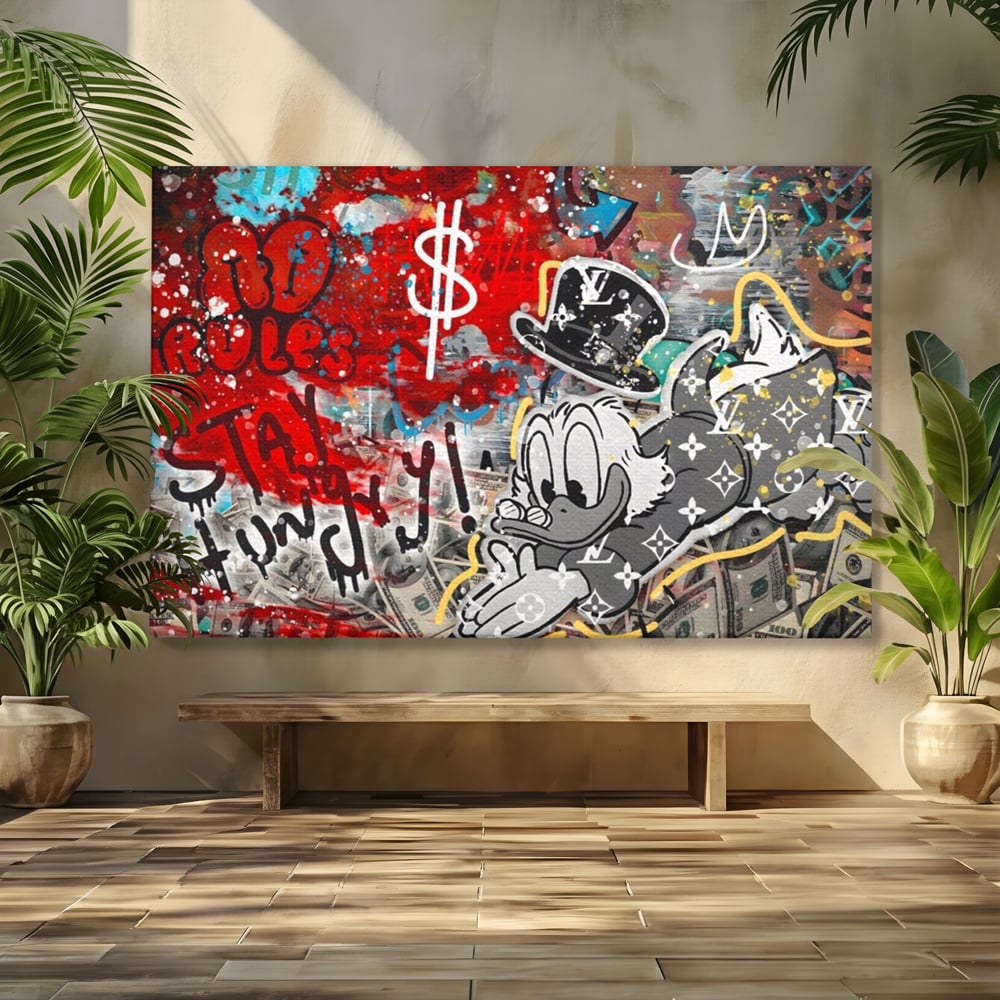 Tablou Canvas Premium, LuxCanva® A1195, Stay Scrooge McDuck, Birou, Motivational, Cash, Desene Animate, Living, Culori Vibrante