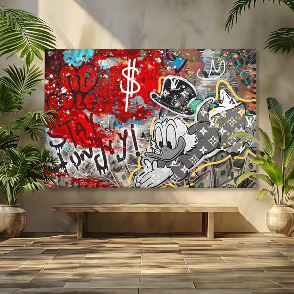 Tablou Canvas Premium, LuxCanva® A1195, Stay Scrooge McDuck, Birou, Motivational, Cash, Desene Animate, Living, Culori Vibrante