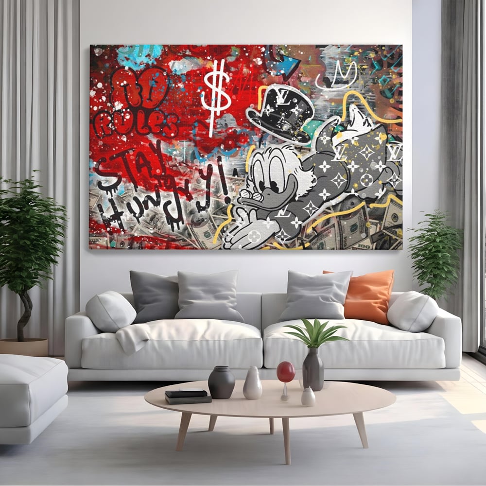Tablou Canvas Premium, LuxCanva® A1195, Stay Scrooge McDuck, Birou, Motivational, Cash, Desene Animate, Living, Culori Vibrante