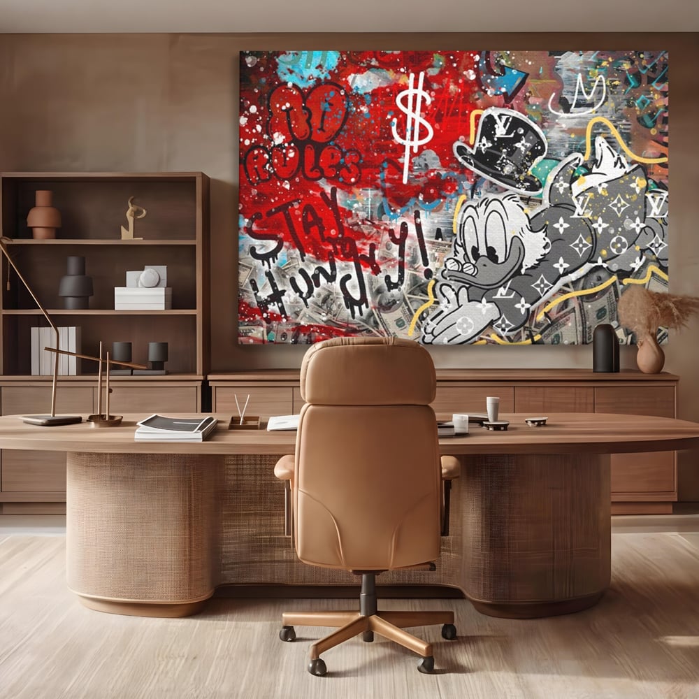 Tablou Canvas Premium, LuxCanva® A1195, Stay Scrooge McDuck, Birou, Motivational, Cash, Desene Animate, Living, Culori Vibrante