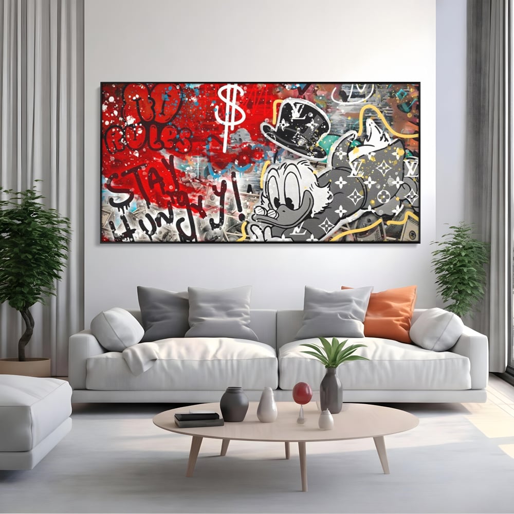 Tablou Canvas Premium, LuxCanva® A1195, Stay Scrooge McDuck, Birou, Motivational, Cash, Desene Animate, Living, Culori Vibrante