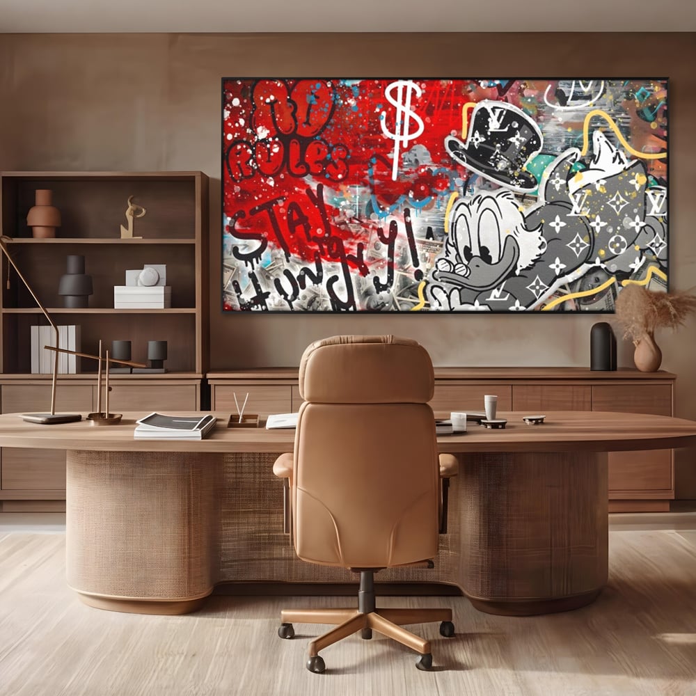 Tablou Canvas Premium, LuxCanva® A1195, Stay Scrooge McDuck, Birou, Motivational, Cash, Desene Animate, Living, Culori Vibrante