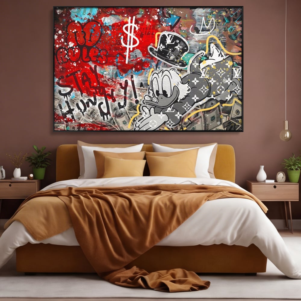 Tablou Canvas Premium, LuxCanva® A1195, Stay Scrooge McDuck, Birou, Motivational, Cash, Desene Animate, Living, Culori Vibrante