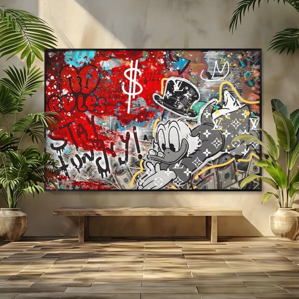 Tablou Canvas Premium, LuxCanva® A1195, Stay Scrooge McDuck, Birou, Motivational, Cash, Desene Animate, Living, Culori Vibrante