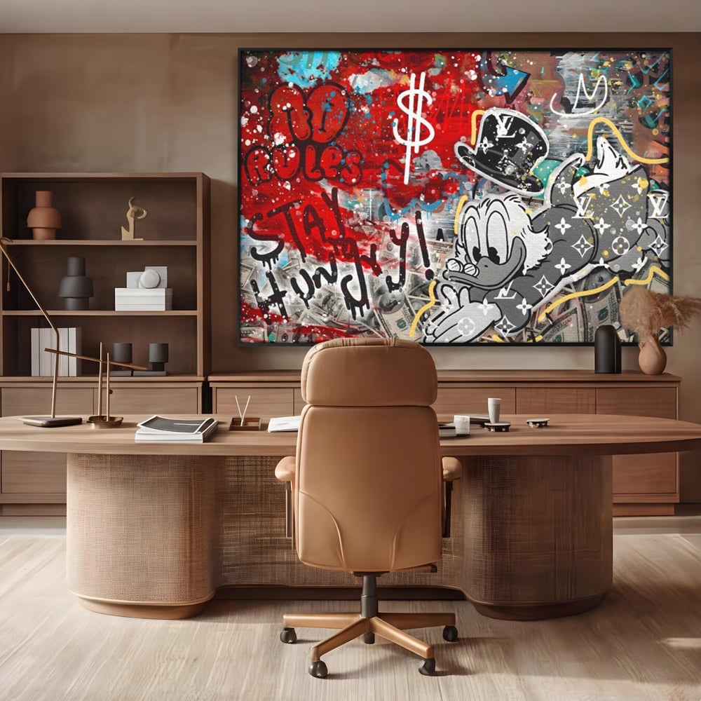 Tablou Canvas Premium, LuxCanva® A1195, Stay Scrooge McDuck, Birou, Motivational, Cash, Desene Animate, Living, Culori Vibrante