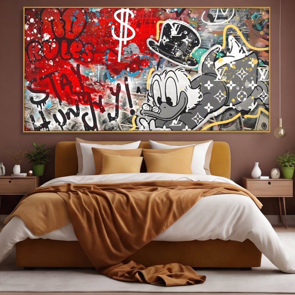 Tablou Canvas Premium, LuxCanva® A1195, Stay Scrooge McDuck, Birou, Motivational, Cash, Desene Animate, Living, Culori Vibrante