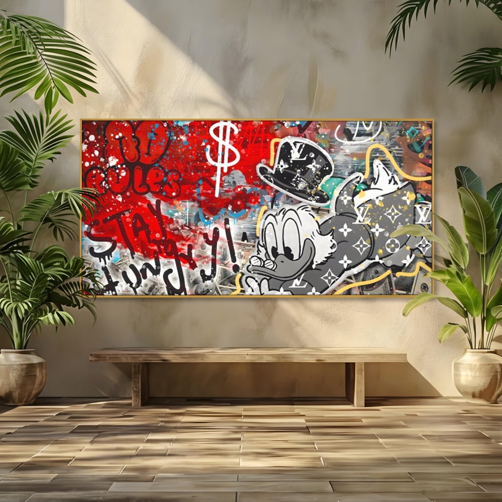 Tablou Canvas Premium, LuxCanva® A1195, Stay Scrooge McDuck, Birou, Motivational, Cash, Desene Animate, Living, Culori Vibrante