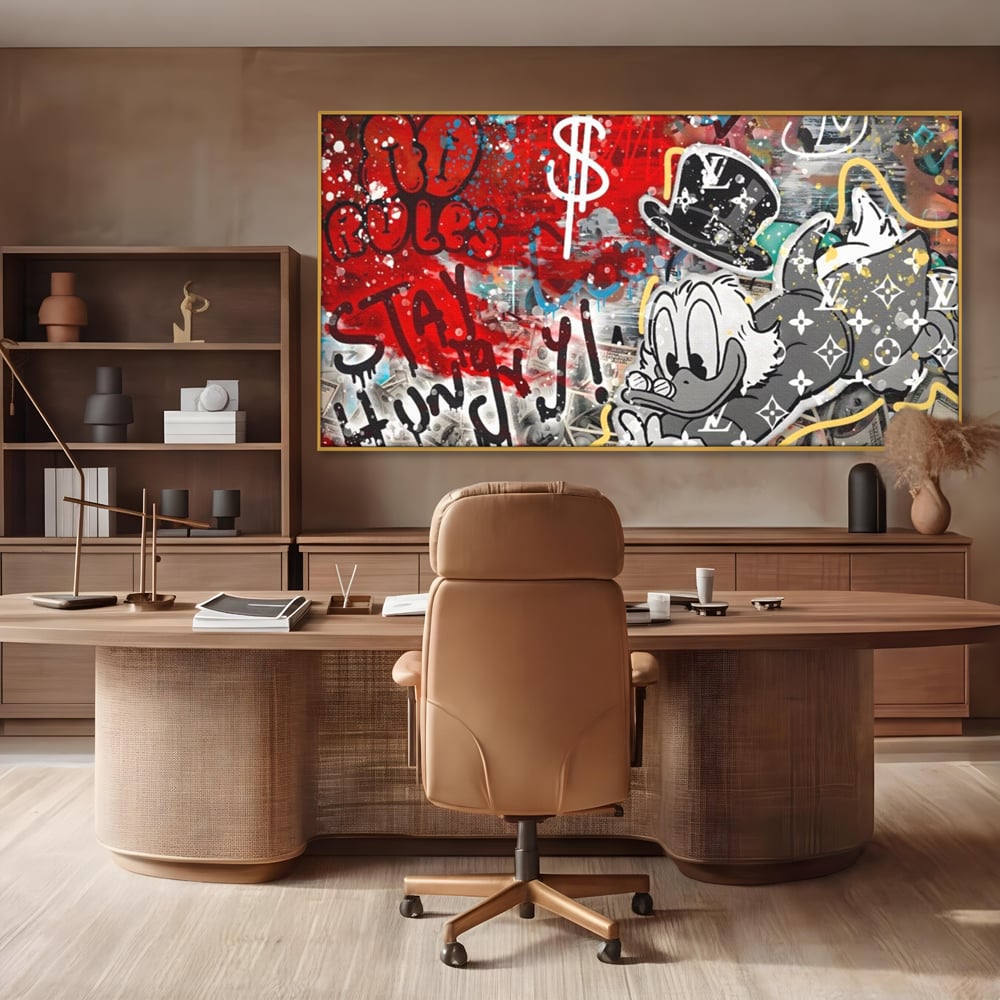 Tablou Canvas Premium, LuxCanva® A1195, Stay Scrooge McDuck, Birou, Motivational, Cash, Desene Animate, Living, Culori Vibrante