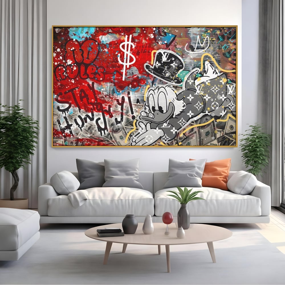Tablou Canvas Premium, LuxCanva® A1195, Stay Scrooge McDuck, Birou, Motivational, Cash, Desene Animate, Living, Culori Vibrante