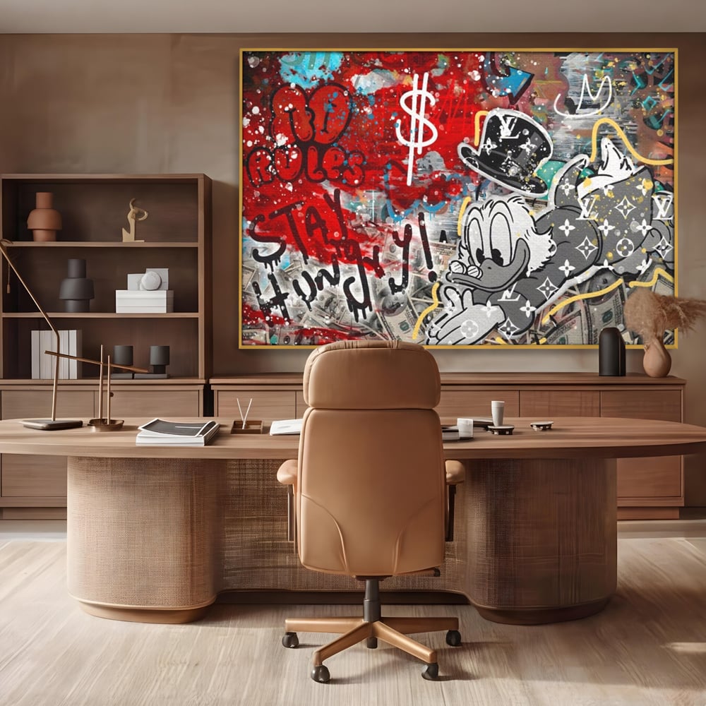 Tablou Canvas Premium, LuxCanva® A1195, Stay Scrooge McDuck, Birou, Motivational, Cash, Desene Animate, Living, Culori Vibrante