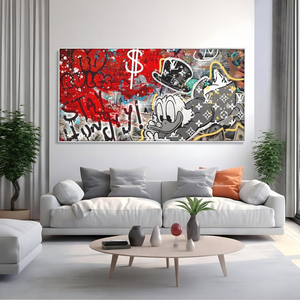 Tablou Canvas Premium, LuxCanva® A1195, Stay Scrooge McDuck, Birou, Motivational, Cash, Desene Animate, Living, Culori Vibrante