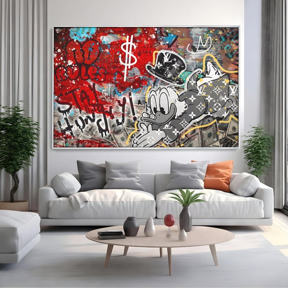 Tablou Canvas Premium, LuxCanva® A1195, Stay Scrooge McDuck, Birou, Motivational, Cash, Desene Animate, Living, Culori Vibrante