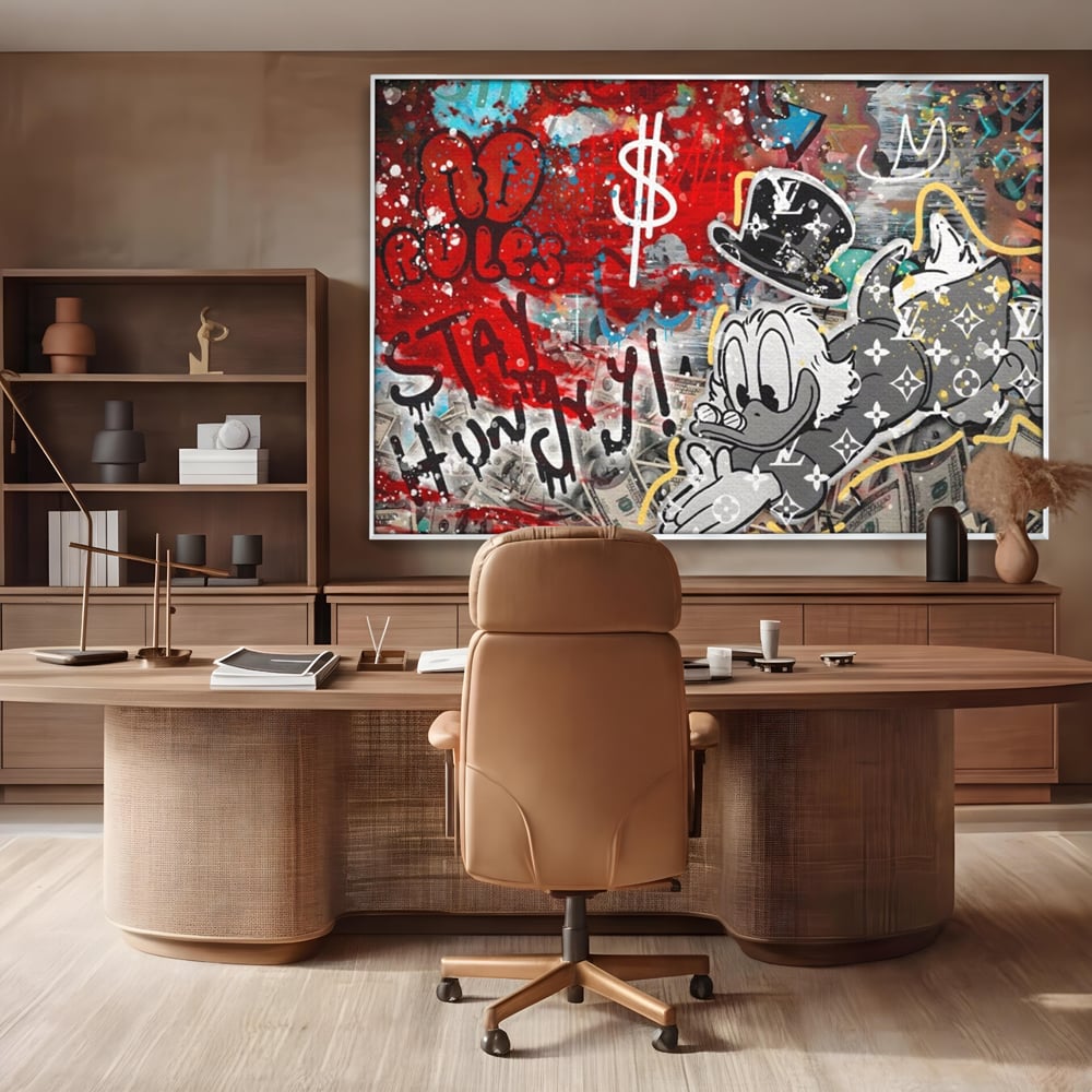 Tablou Canvas Premium, LuxCanva® A1195, Stay Scrooge McDuck, Birou, Motivational, Cash, Desene Animate, Living, Culori Vibrante