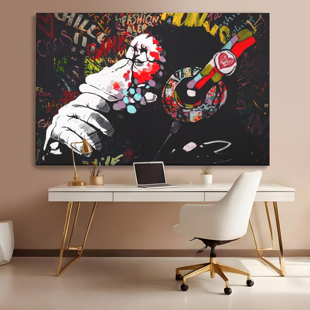 Tablou Canvas Premium LuxCanva® A1197, Chill Down , Relaxare, Maimuta, Casti, Living, Culori Vibrante