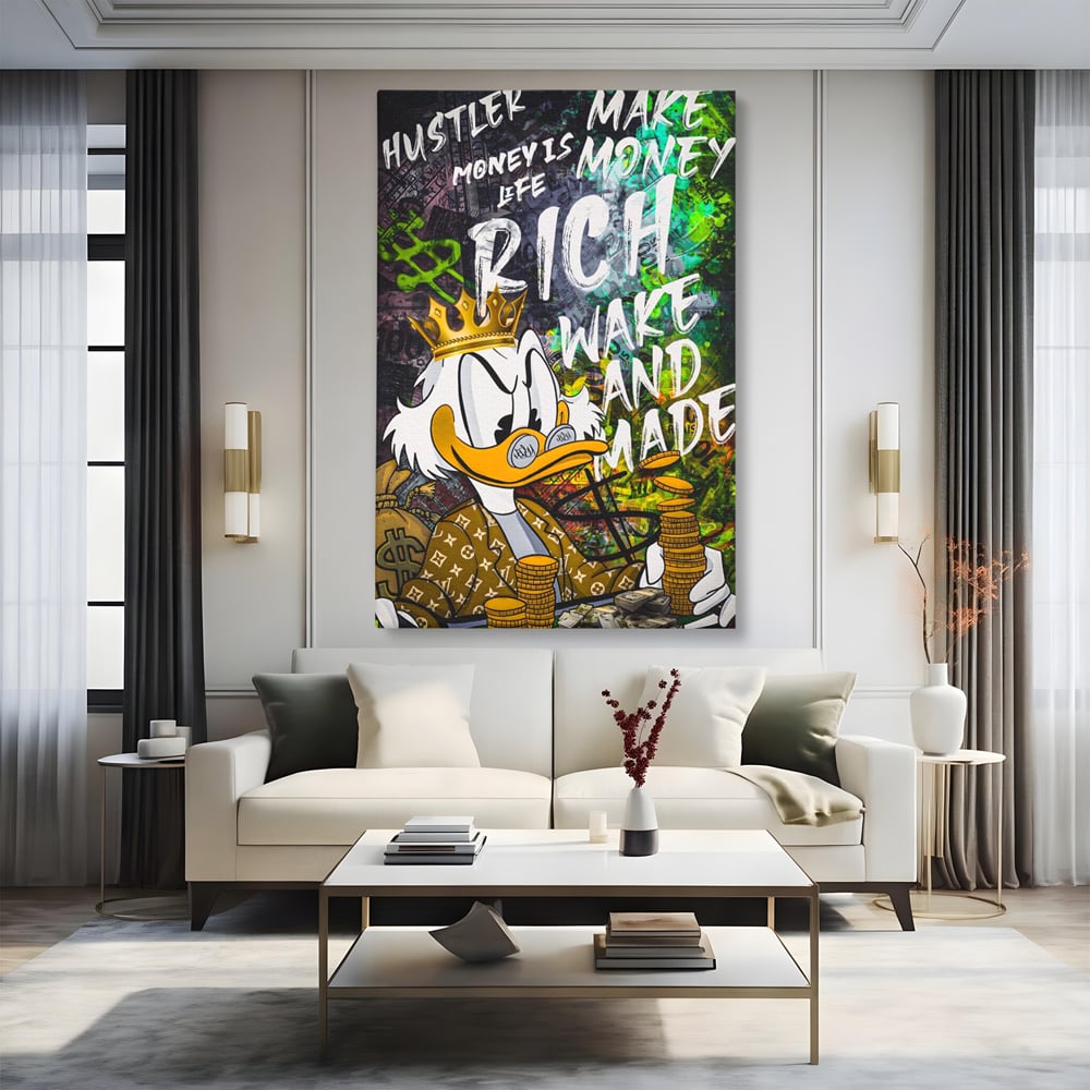 Tablou Canvas Premium LuxCanva® A1199, Money Is Life , Scrooge McDuck, Birou, Motivational, Money, Living, Culori Vibrante