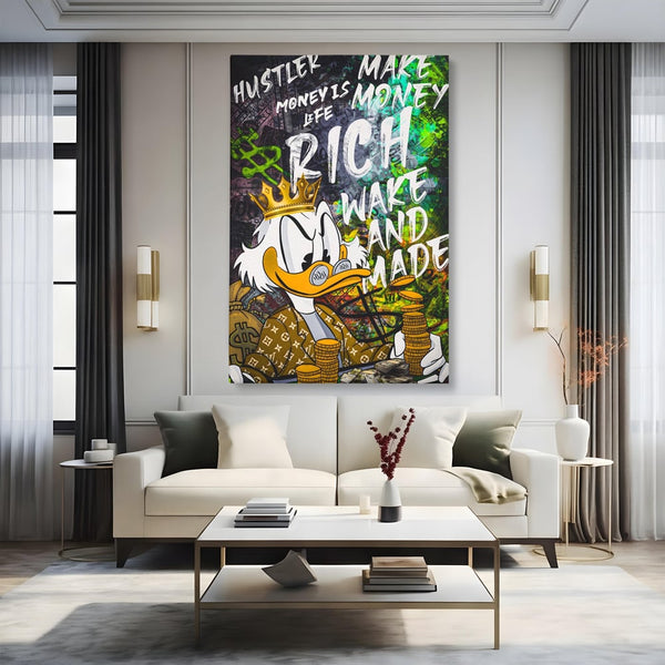 Tablou Canvas Premium LuxCanva® A1199, Money Is Life , Scrooge McDuck, Birou, Motivational, Money, Living, Culori Vibrante