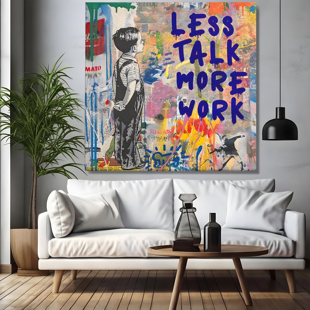 Tablou Canvas Premium LuxCanva® A1200, Less Talk More Work , Decorativ, Birou, Motivational, Copil, Colorat, Living, Culori Vibrante
