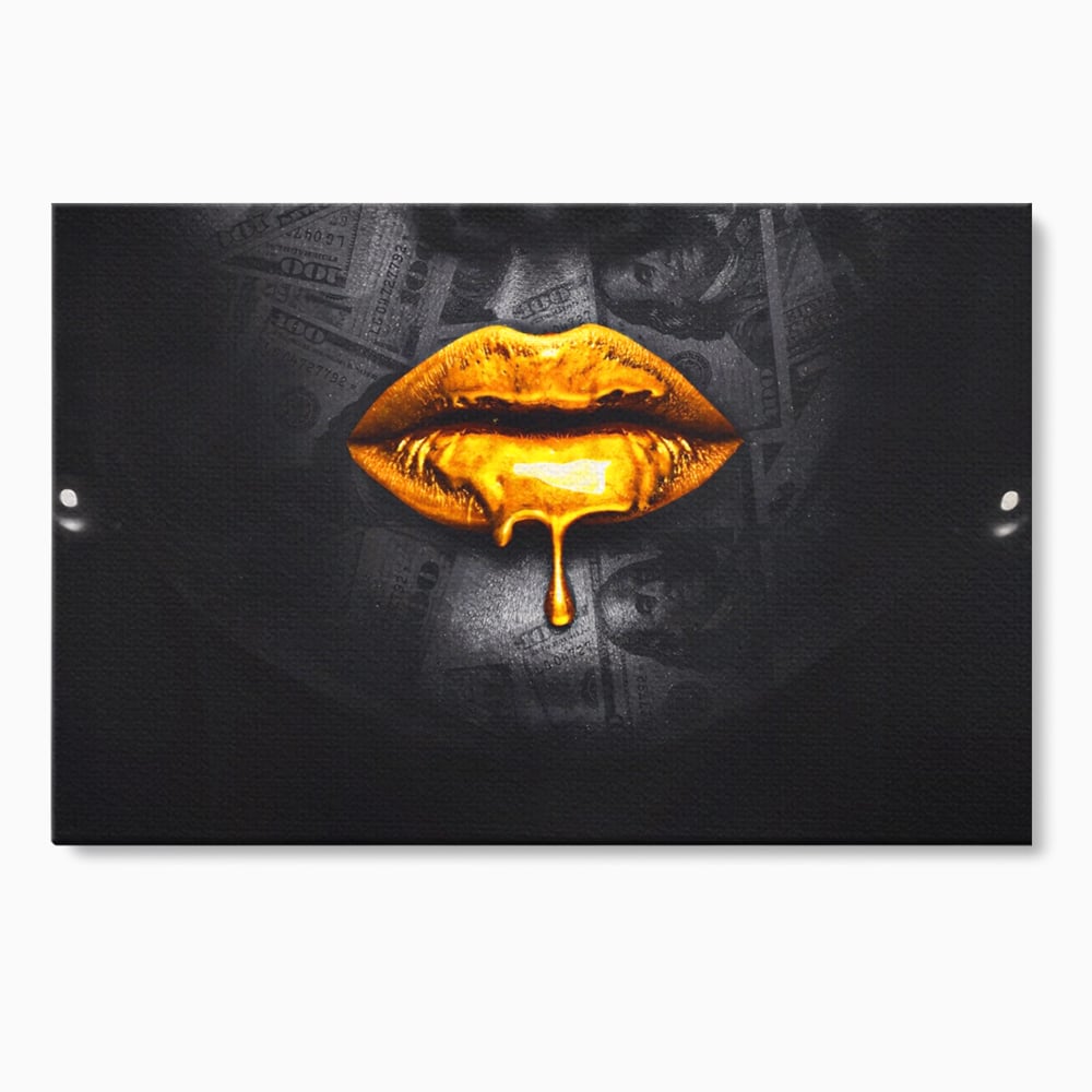 Leinwandbilder Premium LuxCanva® A1205, Gold Lips , Dekorativ, Dressing, Lippen, Lippen, Gold, Dollar, Wohnen, Lebendige Farben