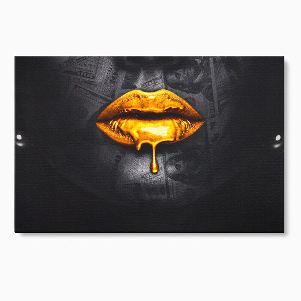 Tablou Canvas Premium LuxCanva® A1205, Gold Lips , Decorativ, Dressing, Buze, Auriu, Dolar, Living, Culori Vibrante