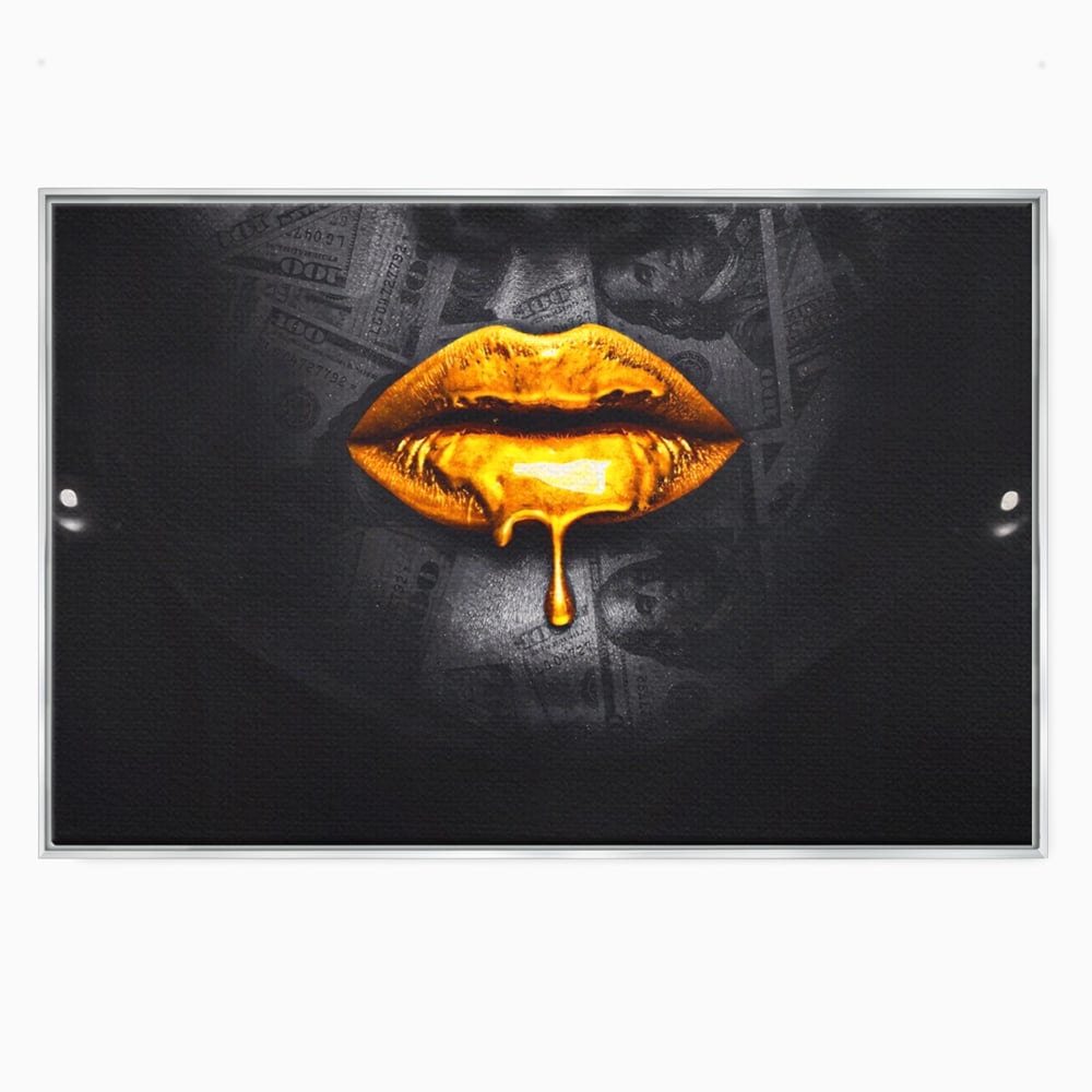 Leinwandbilder Premium LuxCanva® A1205, Gold Lips , Dekorativ, Dressing, Lippen, Lippen, Gold, Dollar, Wohnen, Lebendige Farben