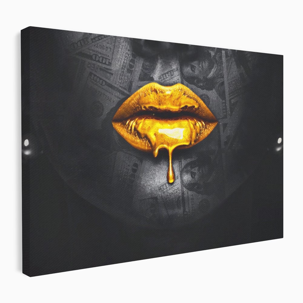 Leinwandbilder Premium LuxCanva® A1205, Gold Lips , Dekorativ, Dressing, Lippen, Lippen, Gold, Dollar, Wohnen, Lebendige Farben