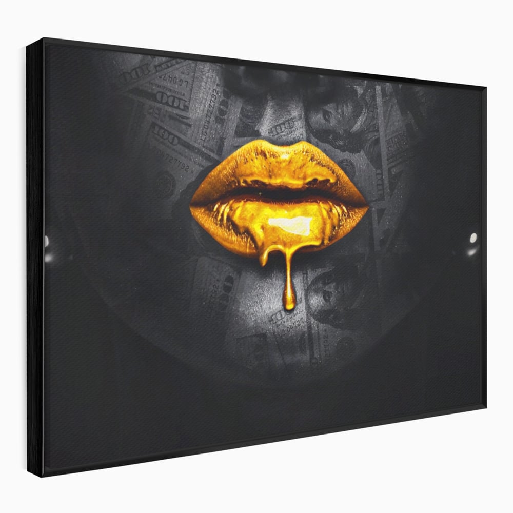 Leinwandbilder Premium LuxCanva® A1205, Gold Lips , Dekorativ, Dressing, Lippen, Lippen, Gold, Dollar, Wohnen, Lebendige Farben