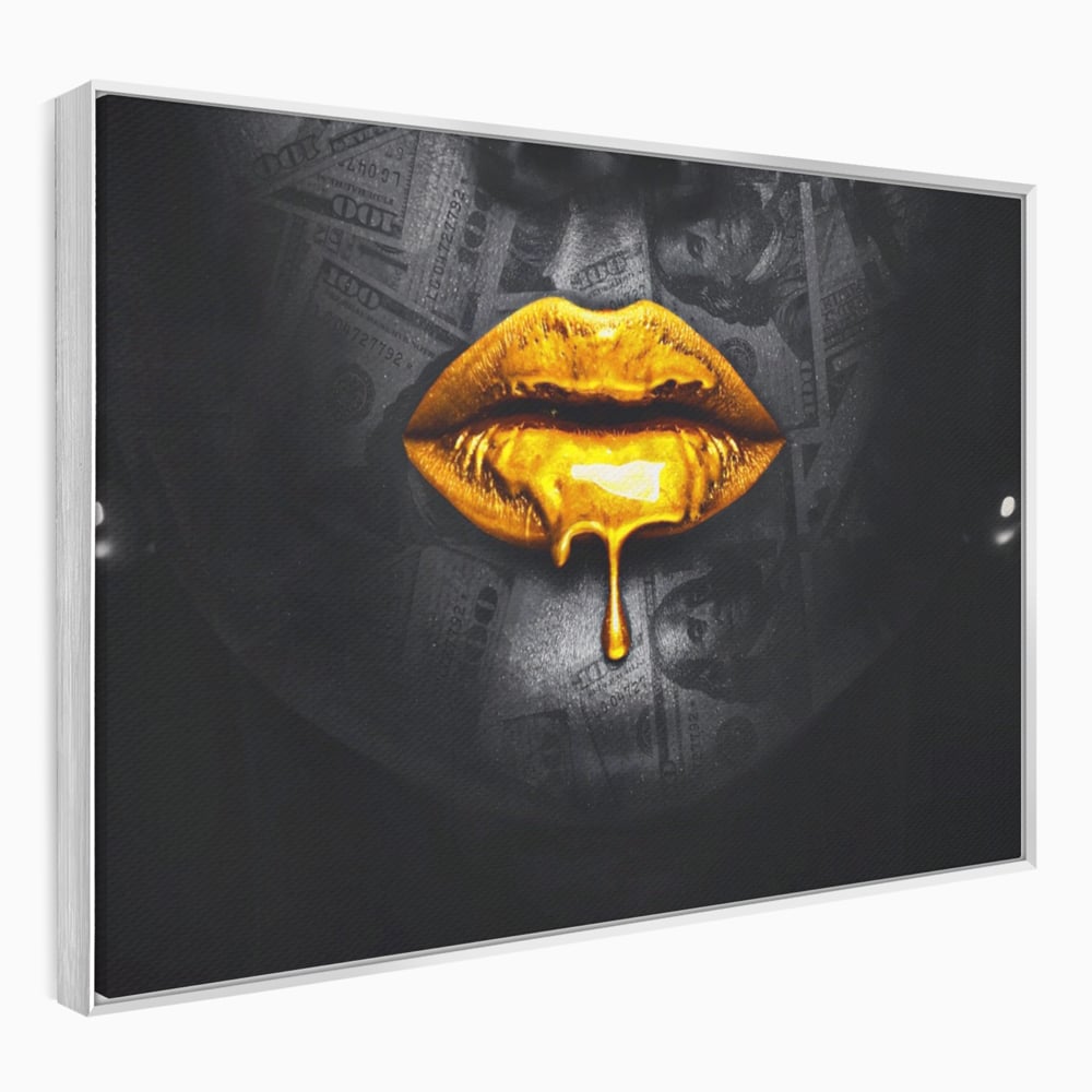 Leinwandbilder Premium LuxCanva® A1205, Gold Lips , Dekorativ, Dressing, Lippen, Lippen, Gold, Dollar, Wohnen, Lebendige Farben