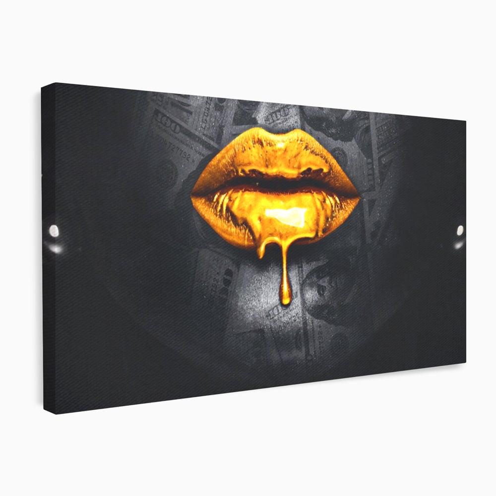 Leinwandbilder Premium LuxCanva® A1205, Gold Lips , Dekorativ, Dressing, Lippen, Lippen, Gold, Dollar, Wohnen, Lebendige Farben