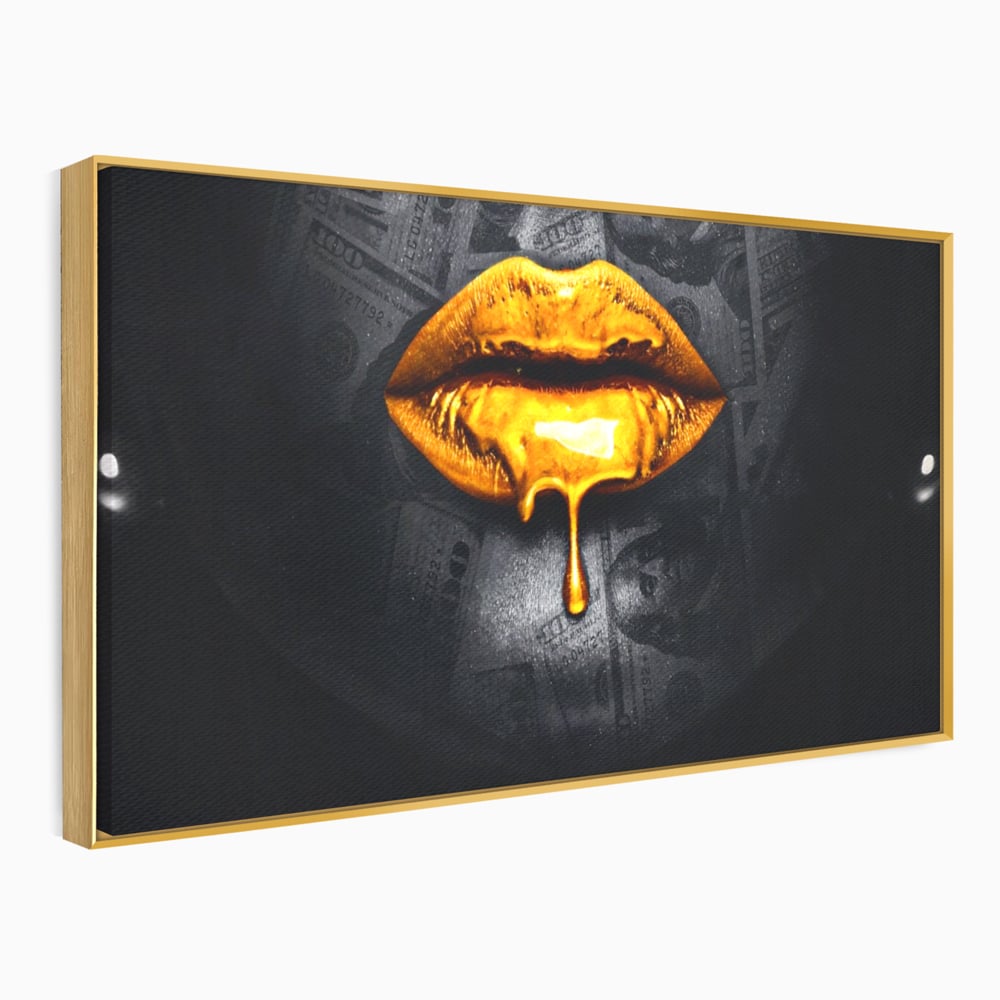 Leinwandbilder Premium LuxCanva® A1205, Gold Lips , Dekorativ, Dressing, Lippen, Lippen, Gold, Dollar, Wohnen, Lebendige Farben
