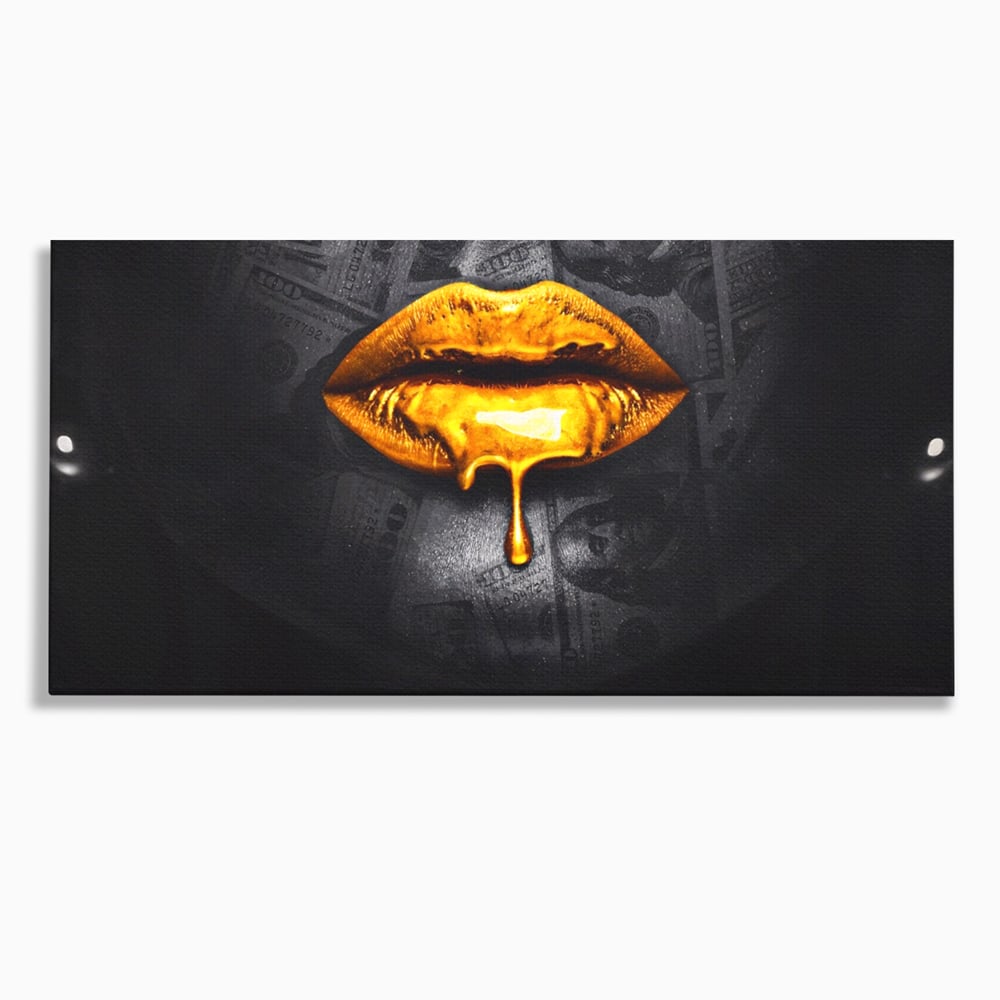 Leinwandbilder Premium LuxCanva® A1205, Gold Lips , Dekorativ, Dressing, Lippen, Lippen, Gold, Dollar, Wohnen, Lebendige Farben