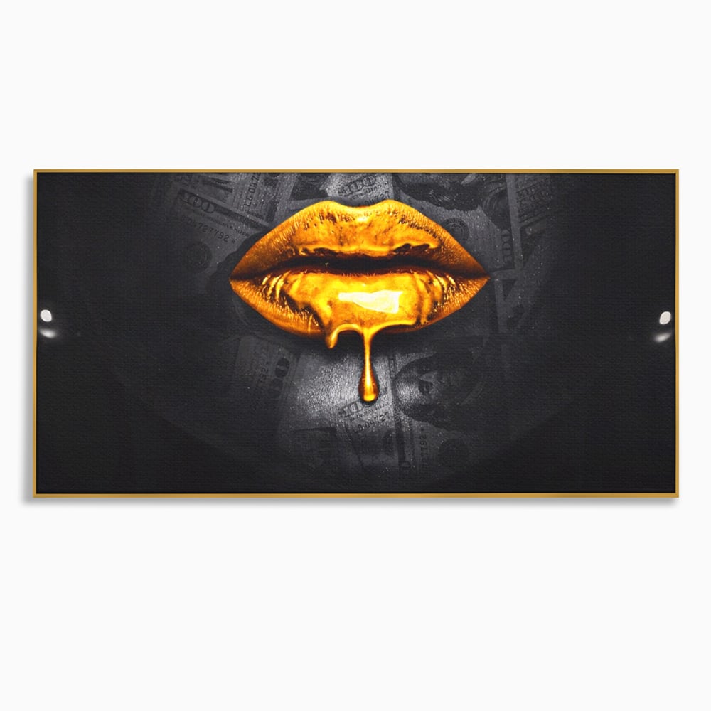 Leinwandbilder Premium LuxCanva® A1205, Gold Lips , Dekorativ, Dressing, Lippen, Lippen, Gold, Dollar, Wohnen, Lebendige Farben