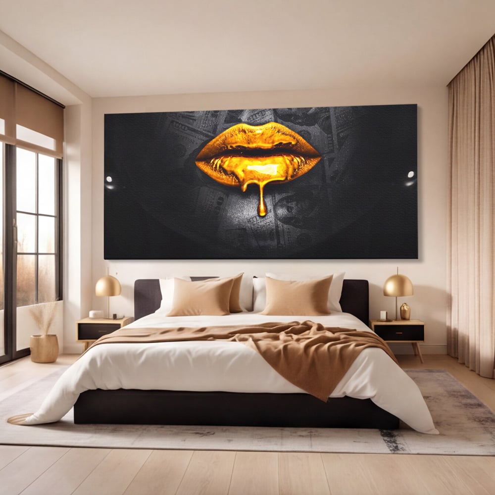 Leinwandbilder Premium LuxCanva® A1205, Gold Lips , Dekorativ, Dressing, Lippen, Lippen, Gold, Dollar, Wohnen, Lebendige Farben