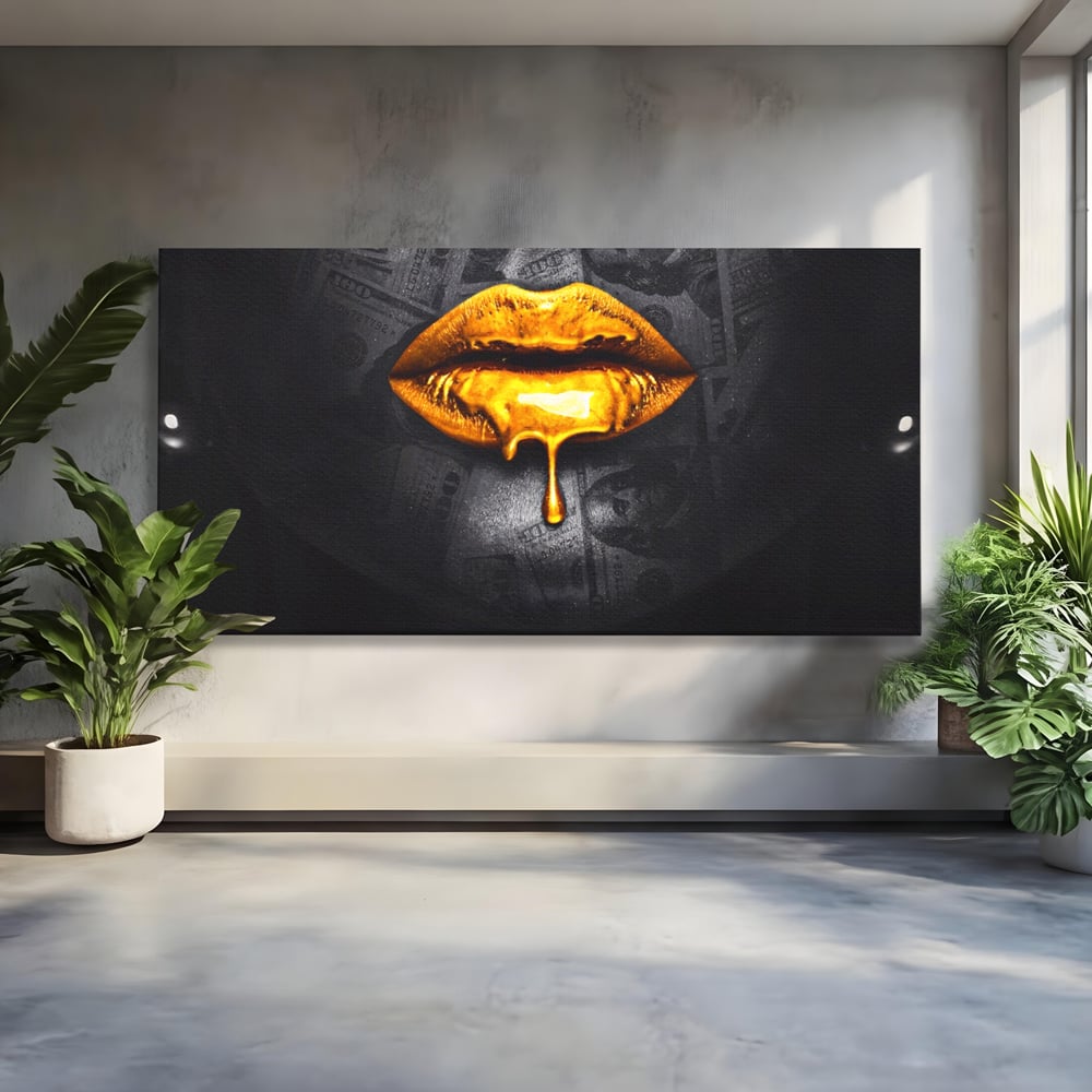 Leinwandbilder Premium LuxCanva® A1205, Gold Lips , Dekorativ, Dressing, Lippen, Lippen, Gold, Dollar, Wohnen, Lebendige Farben