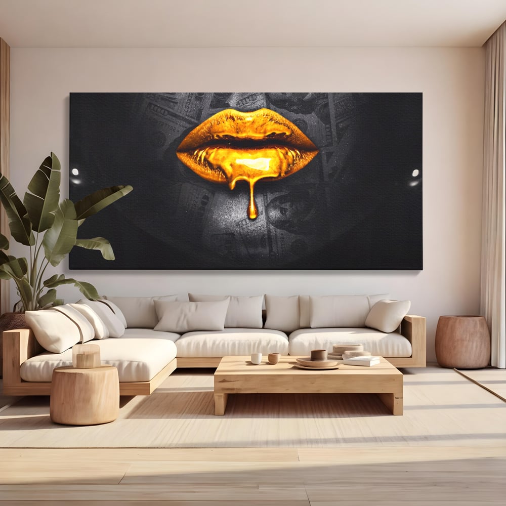 Leinwandbilder Premium LuxCanva® A1205, Gold Lips , Dekorativ, Dressing, Lippen, Lippen, Gold, Dollar, Wohnen, Lebendige Farben