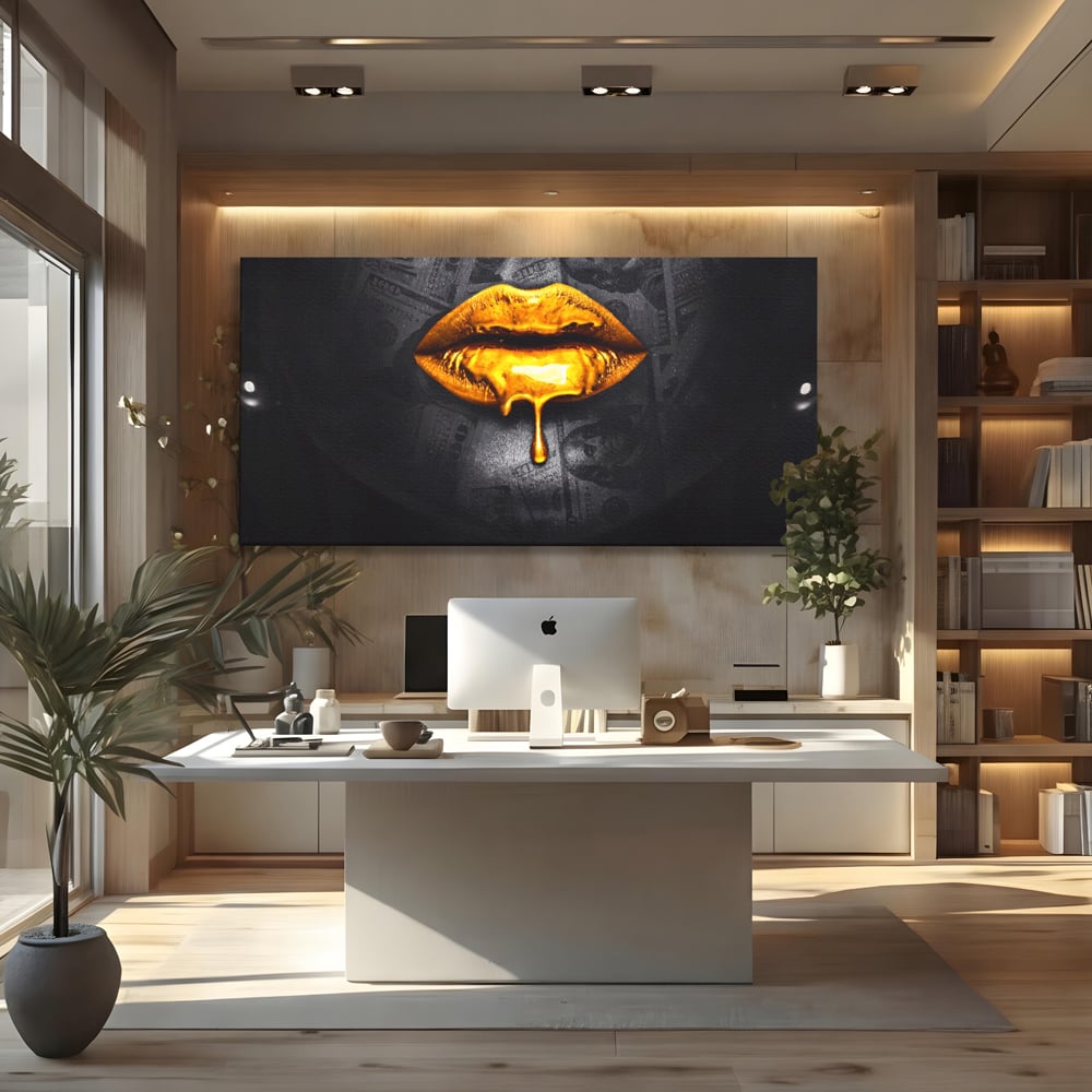 Leinwandbilder Premium LuxCanva® A1205, Gold Lips , Dekorativ, Dressing, Lippen, Lippen, Gold, Dollar, Wohnen, Lebendige Farben