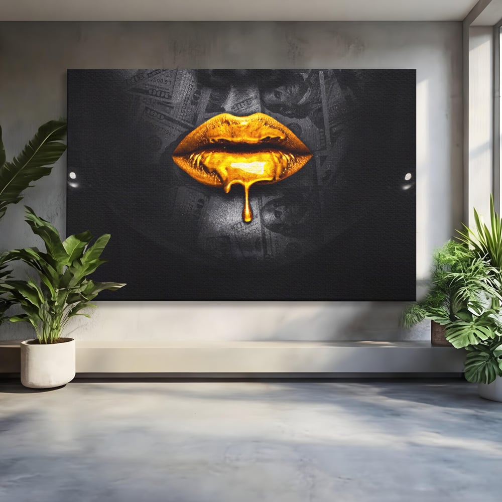 Leinwandbilder Premium LuxCanva® A1205, Gold Lips , Dekorativ, Dressing, Lippen, Lippen, Gold, Dollar, Wohnen, Lebendige Farben